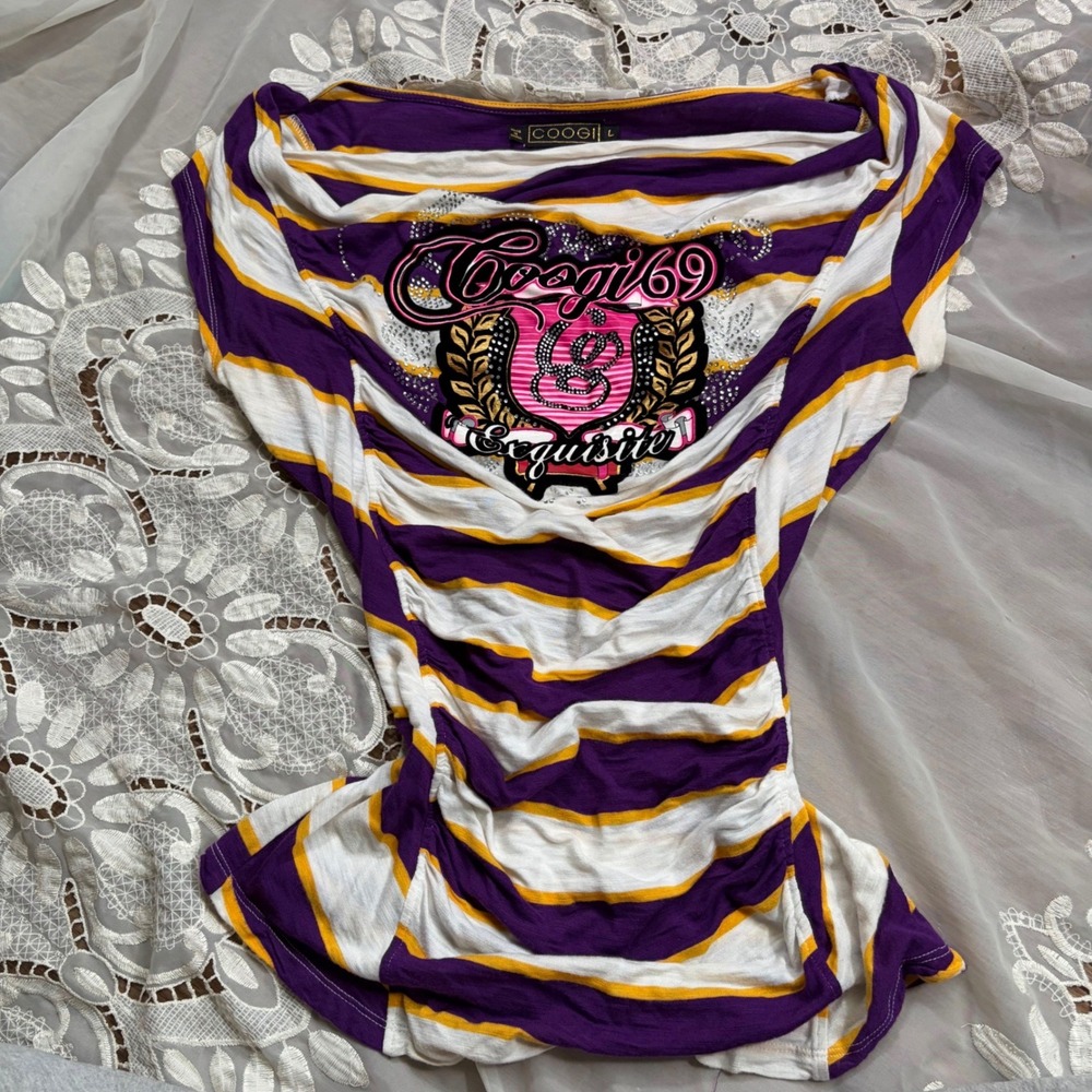 Y2K Coogi 69 Exquisite Rhinestone Graphic Striped Ruched Cowl Neck Top Purple L